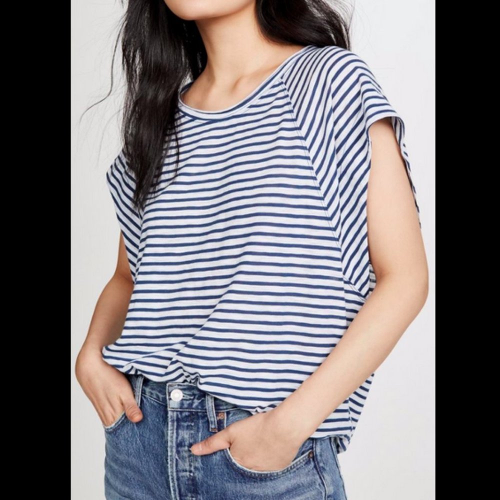 FREE PEOPLE WE THE FREE SHORT SLEEVE WHITE BLUE STRIPED HALO TEE TOP